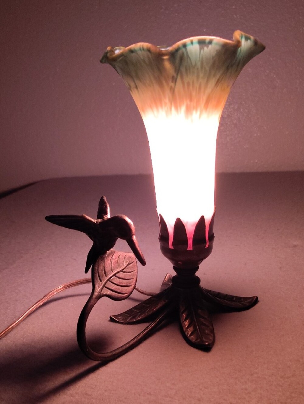 Vintage Floral Glass Pendant Lamp - Amber to Green Shade W/Hummingbird - Picture 10 of 16